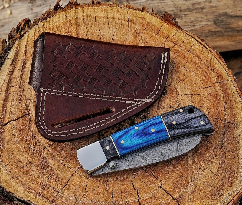 BE BREAK EDGE Hawkbill Knife,Folding Pocket Knife with Curved Blade, Lineman Tools, Damascus Steel construction. (Blue&Grey) - Image 3